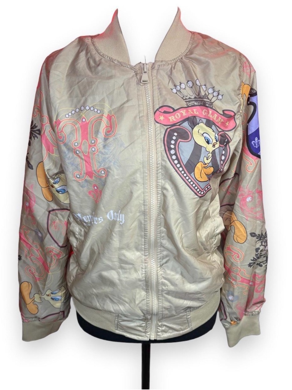 Members Only Beige Bomber Jacket with Pink Accents